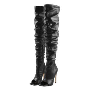 Black Faux Leather Over the Knee Open Toe Boots